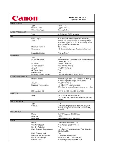 Download PowerShot SX120 IS - Specification sheet - Canon