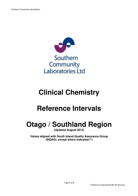 Clinical Chemistry Reference Intervals Otago / Southland Region
