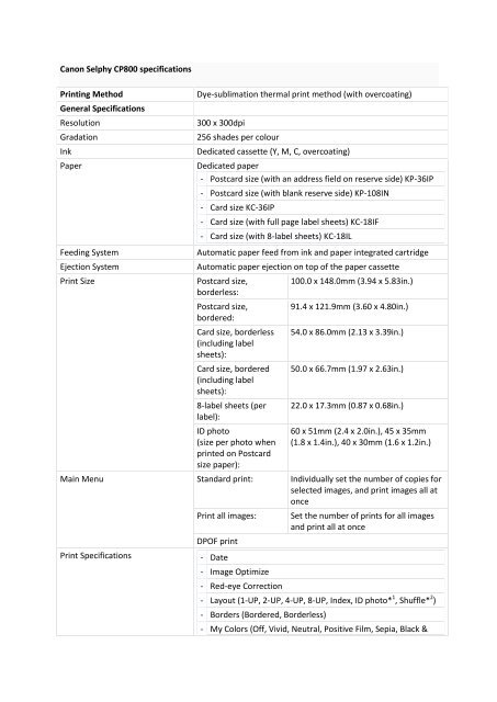 Canon Support for SELPHY CP800