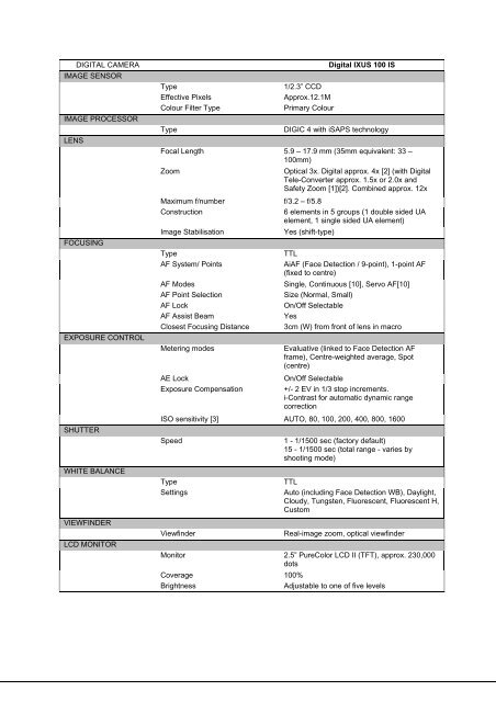 Download Digital IXUS 100 IS specification sheet - Canon