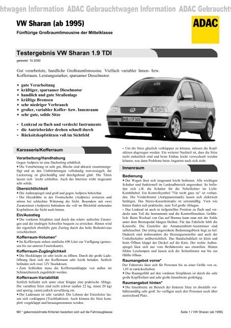 Testergebnis Vw Sharan 1 9 Tdi Adac