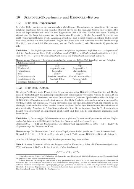 10 Bernoulli-Experimente und Bernoulli-Ketten