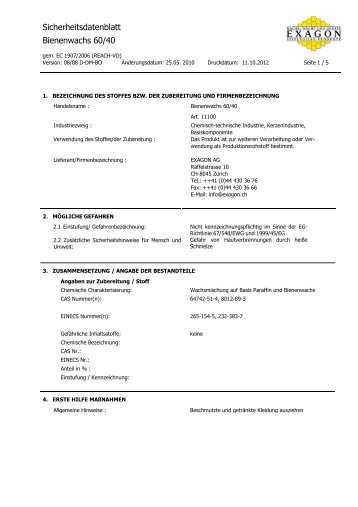 Sicherheitsdatenblatt Bienenwachs 60/40 - Exagon