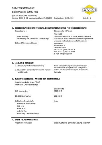 Sicherheitsdatenblatt Bienenwachs 100% rein - Exagon