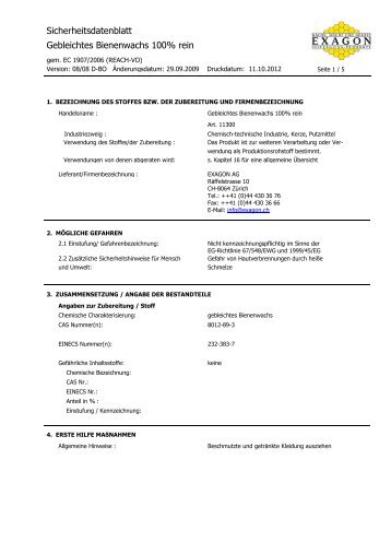 Sicherheitsdatenblatt Gebleichtes Bienenwachs 100% rein - Exagon