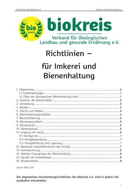 Richtlinien – für Imkerei und Bienenhaltung - Biokreis