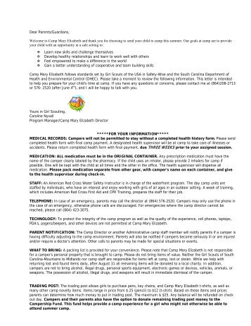 Camp Mary Elizabeth Parent Letter - Girl Scouts of South Carolina ...