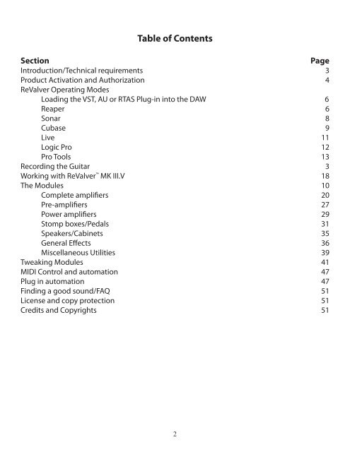 Table of Contents Section Page - Peavey