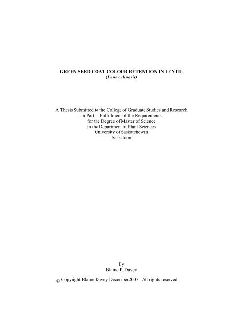 GREEN SEED COAT COLOUR RETENTION IN LENTIL - University ...
