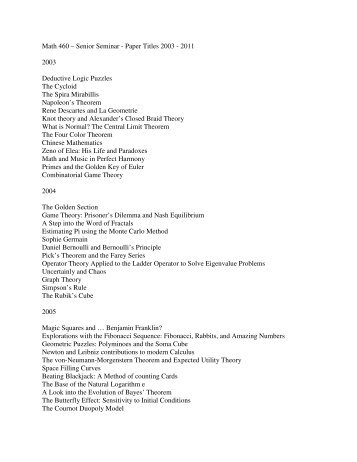 A List of Previous Math 460 Paper Topics