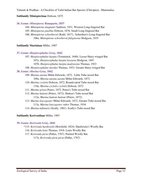 A Checklist of Valid Indian Bat Species - Zoological Survey of India