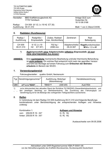 0. Raddaten (Kurzfassung) 1. Verwendungsbereich 2. Reifen