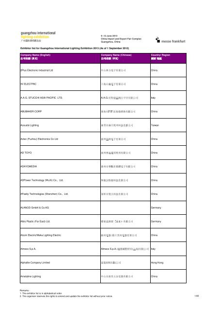 Exhibitor list for Guangzhou International Lighting ... - Messe Frankfurt