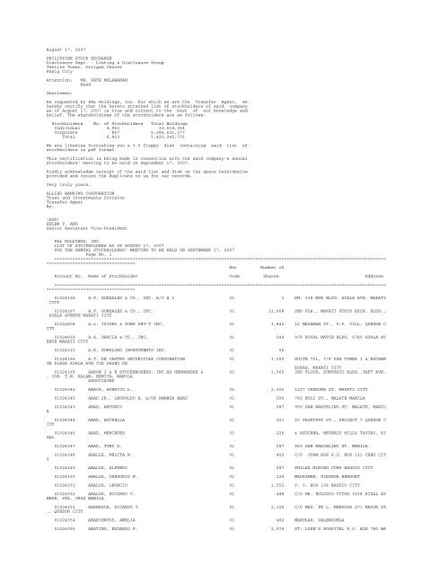 August 17, 2007 PHILIPPINE STOCK EXCHANGE Disclosure Dept ...