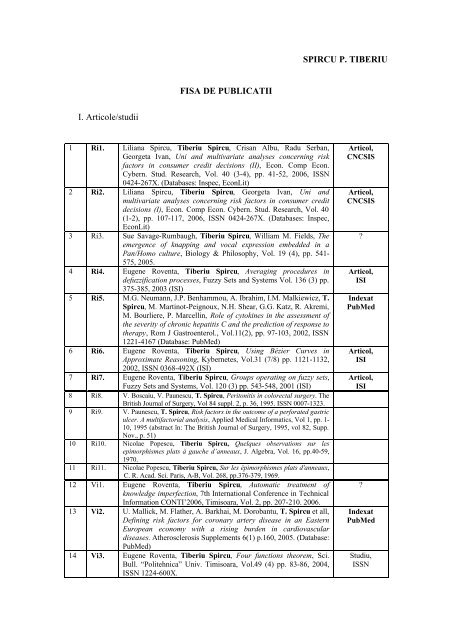SPIRCU P. TIBERIU FISA DE PUBLICATII I. Articole/studii