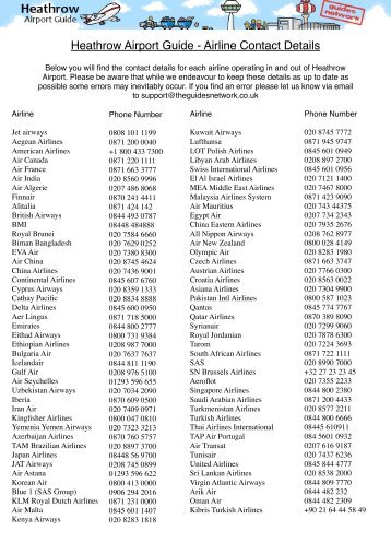 Airline Contact Details - Heathrow Airport Guide