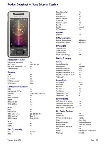 Product Datasheet for Sony Ericsson Xperia X1 - Vodafone