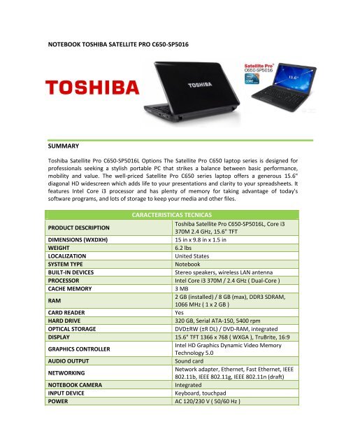 notebook toshiba satellite pro c650-sp5016 - WAVY TECHNOLOGY ...