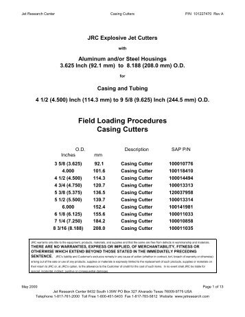 Field Loading Procedures Casing Cutters - Jet Research Center