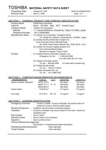 TOSHIBA MATERIAL SAFETY DATA SHEET - Vanco Systems, Inc