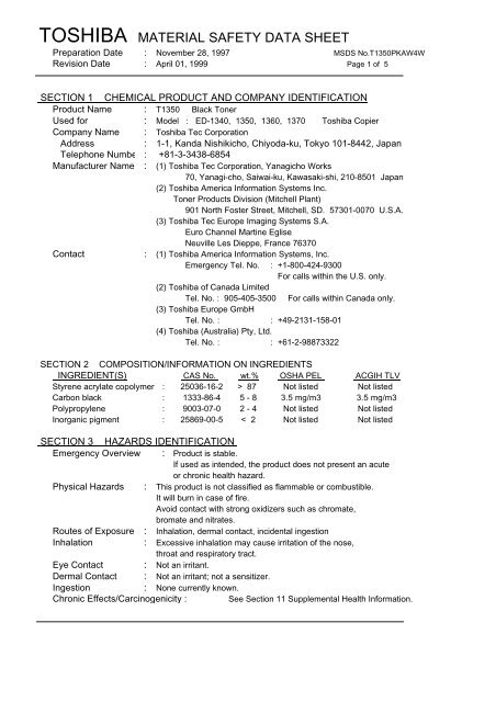 TOSHIBA MATERIAL SAFETY DATA SHEET - My Supply Chain