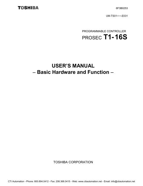 Toshiba PROSEC T1-16S PLC User's Manual - CTi Automation