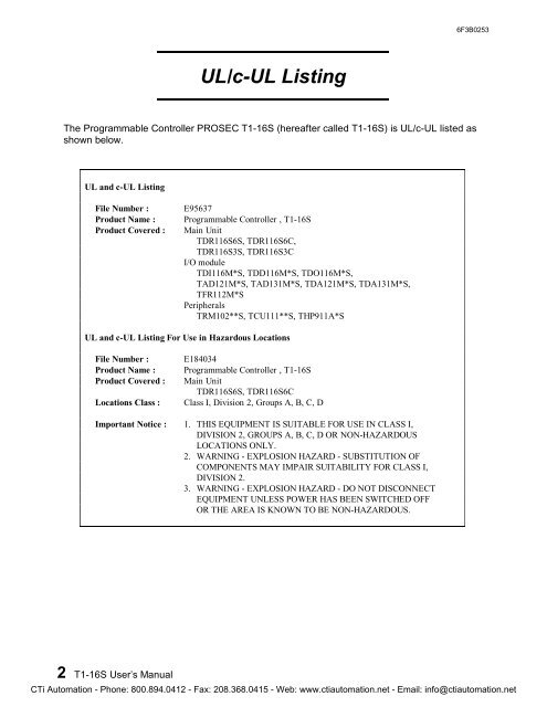 Toshiba PROSEC T1-16S PLC User's Manual - CTi Automation