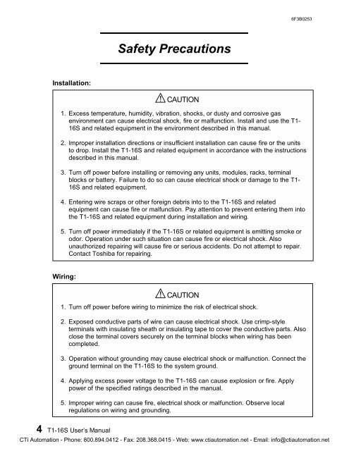 Toshiba PROSEC T1-16S PLC User's Manual - CTi Automation