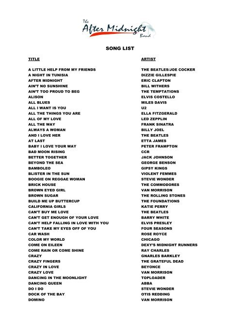 BAND SONG LIST - After Midnight Band