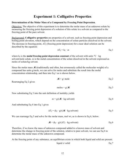 Experiment 1: Colligative Properties