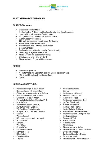 Inventarliste für die Europa 700 - Locaboat