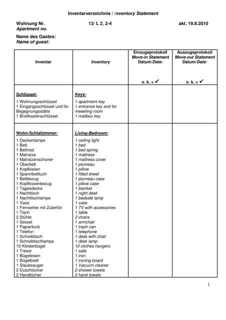 1 Inventarverzeichnis / /nventory Statement Wohnung Nr. 13/ L 2, 2 ...