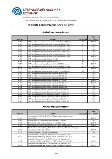 Preisliste Endverbraucher Juni 09 - Lebensgemeinschaft Eichhof