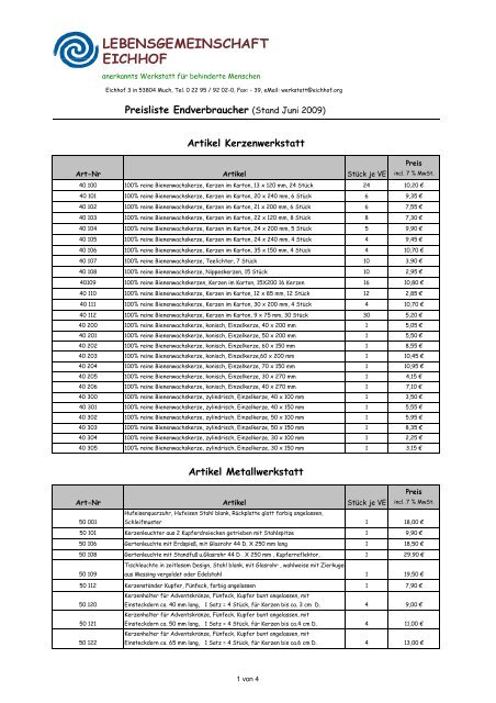 Preisliste Endverbraucher Juni 09 - Lebensgemeinschaft Eichhof