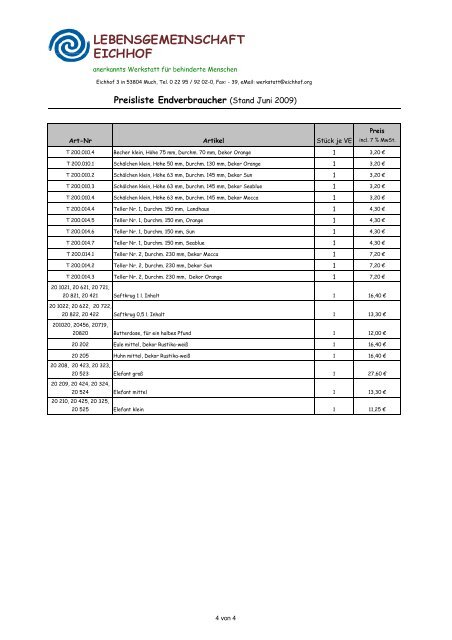 Preisliste Endverbraucher Juni 09 - Lebensgemeinschaft Eichhof