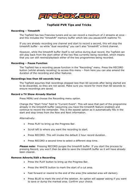 Topfield PVR Tips and Tricks - Awardspace