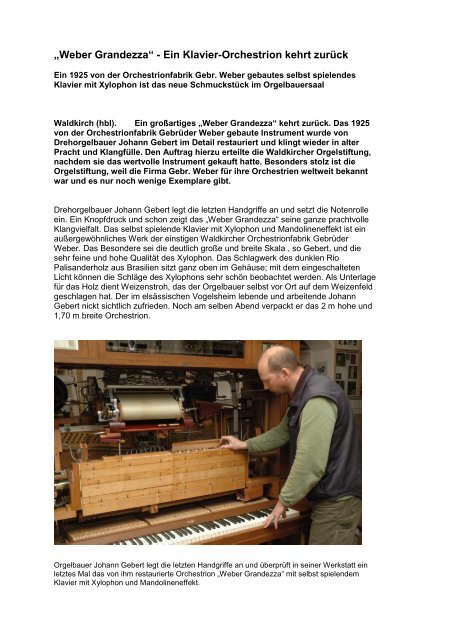 „Weber Grandezza“ - Ein Klavier-Orchestrion kehrt zurück
