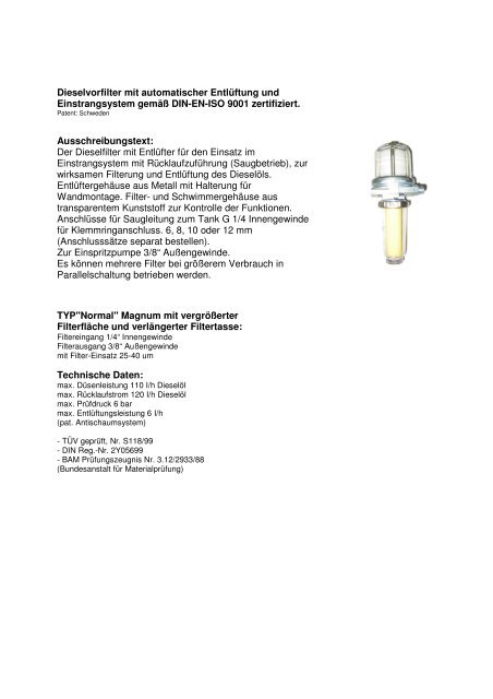 Dieselvorfilter mit automatischer Entlüftung und Einstrangsystem ...