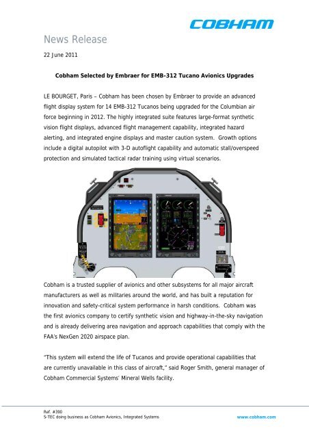 Cobham Selected by Embraer for EMB-312 Tucano Avionics ...