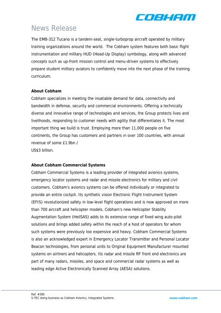 Cobham Selected by Embraer for EMB-312 Tucano Avionics ...