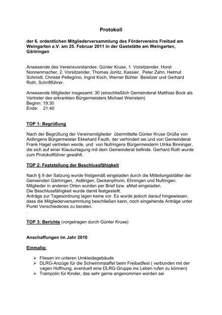 Protokoll - Förderverein Freibad am Weingarten eV Gärtringen