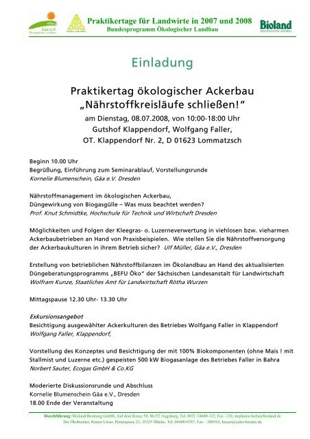 Praktikertage für Landwirte in 2007 und 2008 - Direktvermarktung in ...