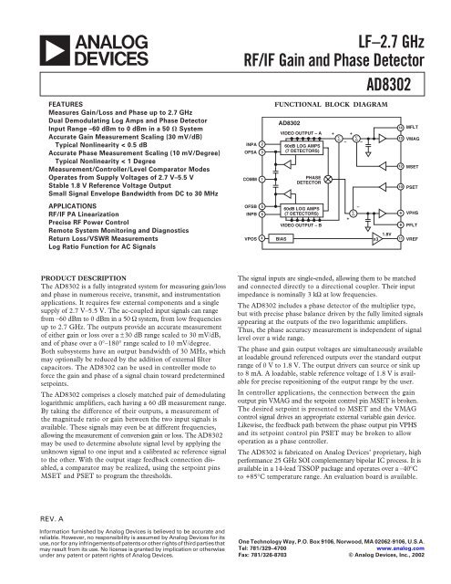AD8302 LF–2.7 GHz RF/IF Gain and Phase Detector - Analog Devices