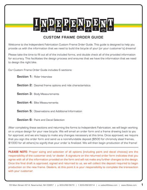 CUSTOM FRAME ORDER GUIDE - Independent Fabrication