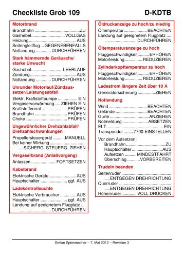 Checkliste Grob 109 D-KDTB - Flugplatz Mainz