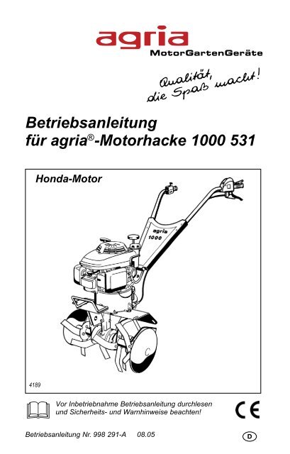 Betriebsanleitung für agria®-Motorhacke 1000 531