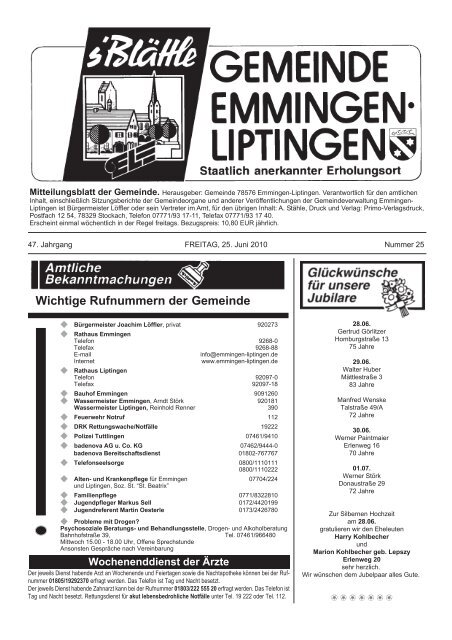 Wichtige Rufnummern der Gemeinde - Emmingen-Liptingen