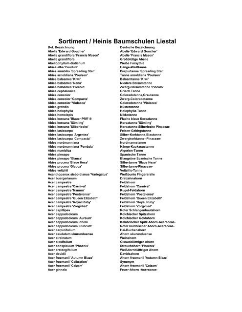 Sortiment Geghölze - Heinis Baumschulen GmbH