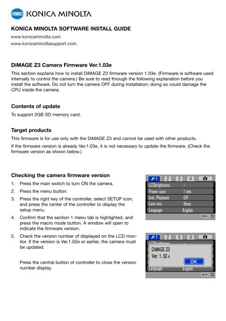 DiMAGE Z3 Camera Firmware Ver.1.03e Contents of update Target ...