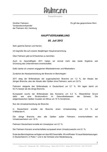 Rede des Vorstandsvorsitzenden (PDF) - Fielmann